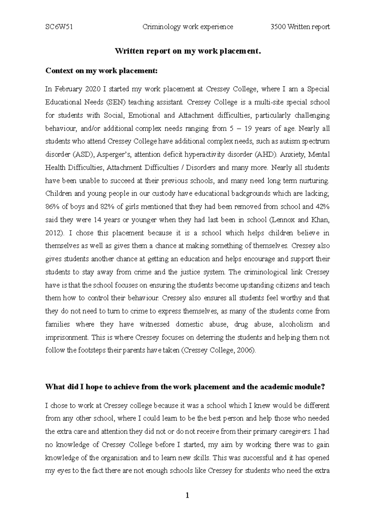 Work Placement Report: SEN Teaching Assistant at Cressey College - Studocu