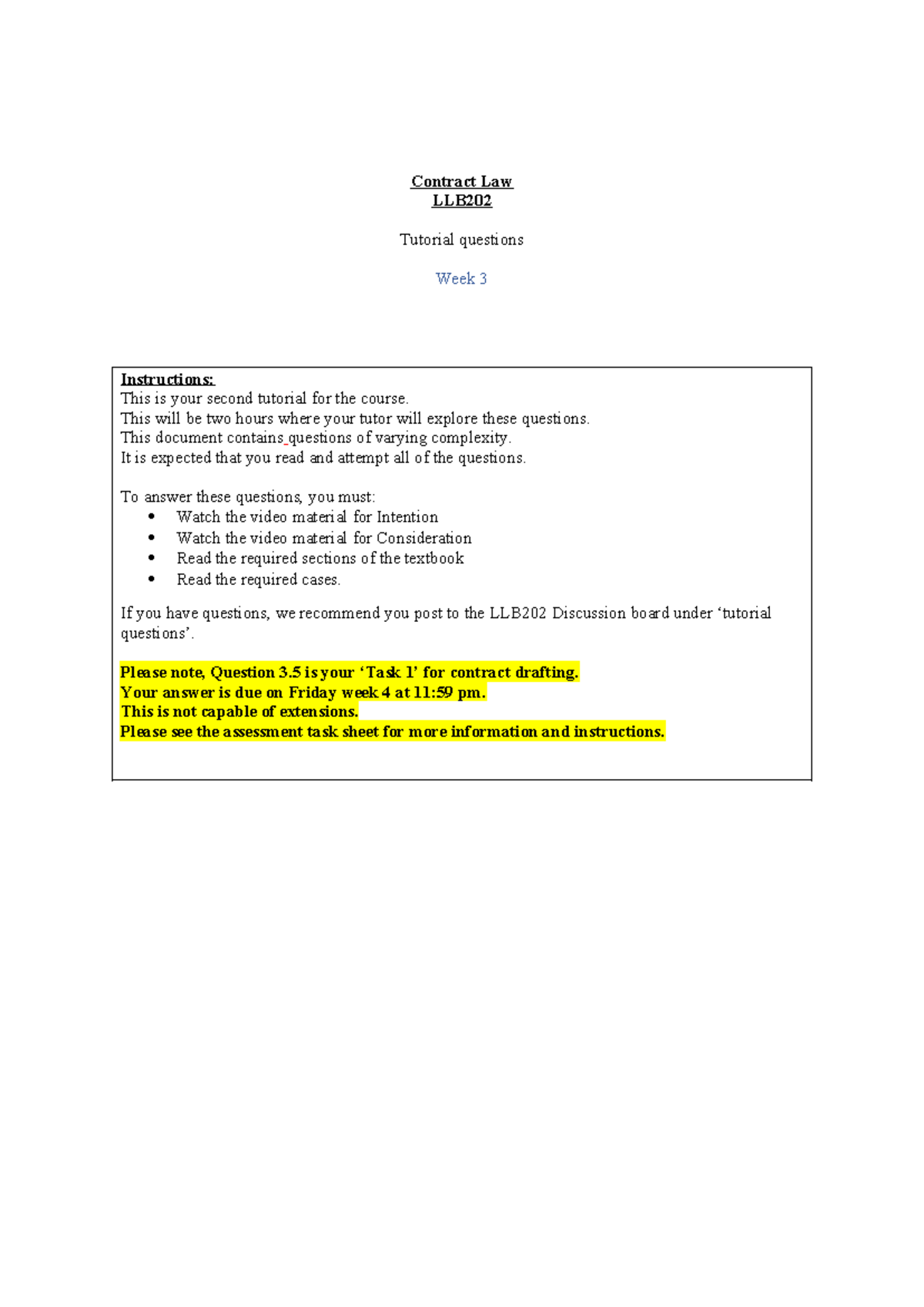 LLB202 Contract Law Week 3 Tutorial Questions and Instructions - Studocu