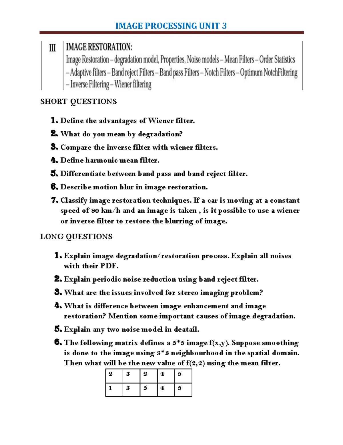 IP unit 5 - Image Processing - IMAGE PROCESSING UNIT 5 SHORT QUESTIONS ...