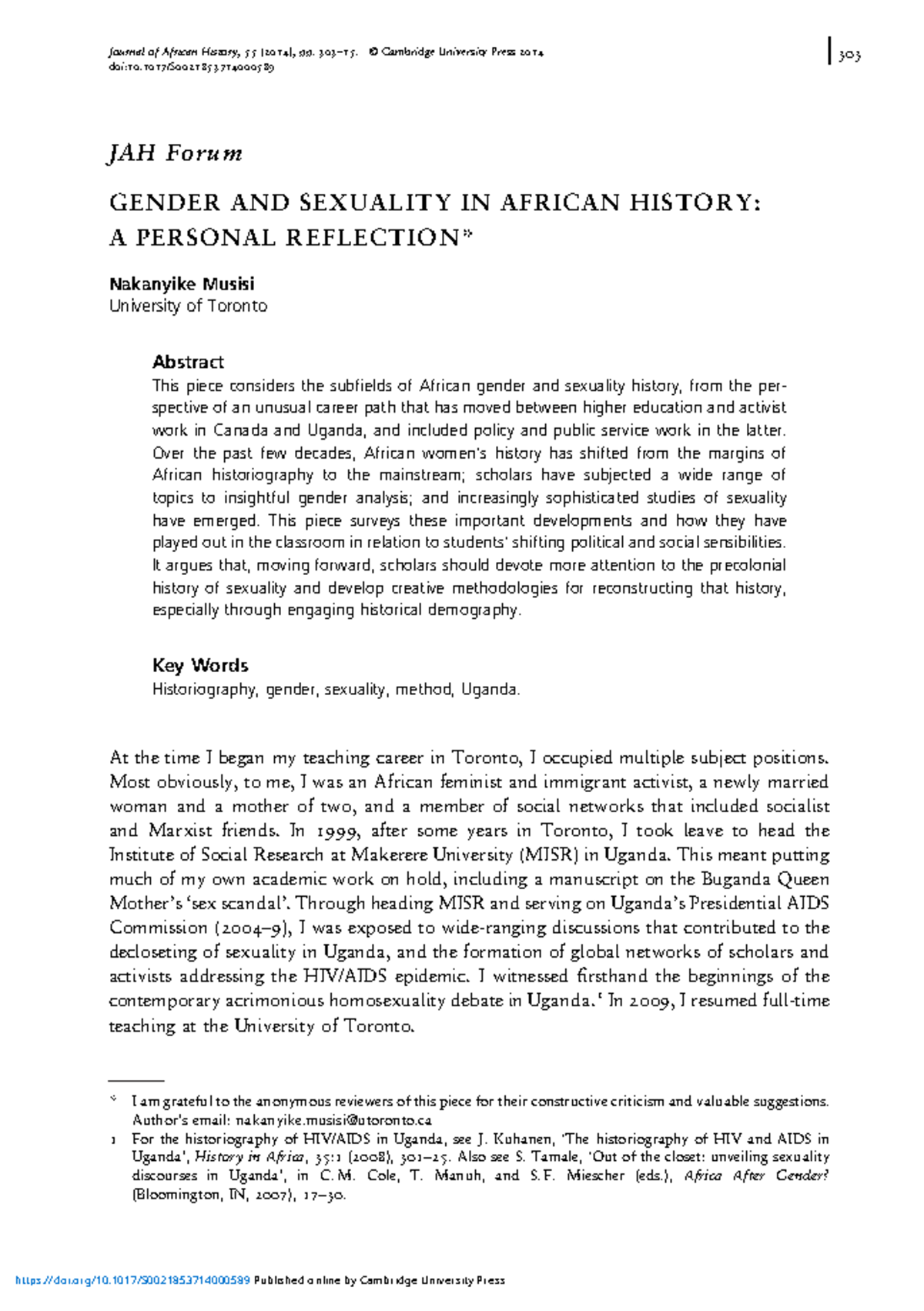 GENDER AND SEXUALITY IN AFRICAN HISTORY: A REFLECTION (JAH) - Studocu