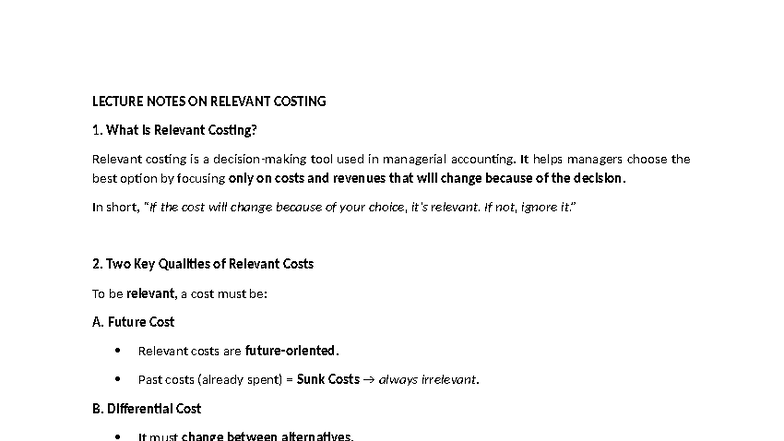 LECTURE NOTES ON RELEVANT COSTING (ACCT 101) - Studocu