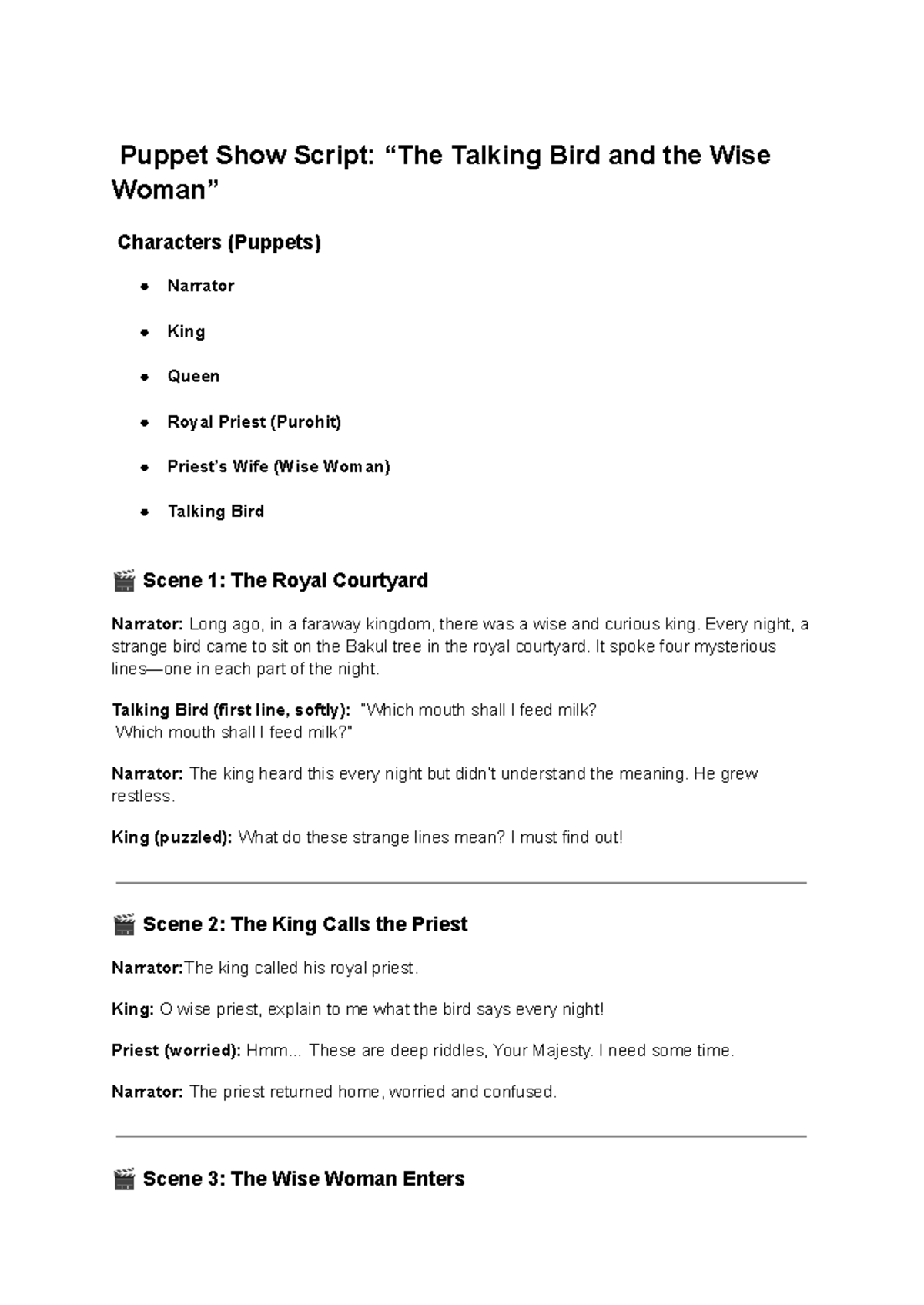 Puppet Show Script: The Wise Bird and Royal Characters (Puppets) - Studocu
