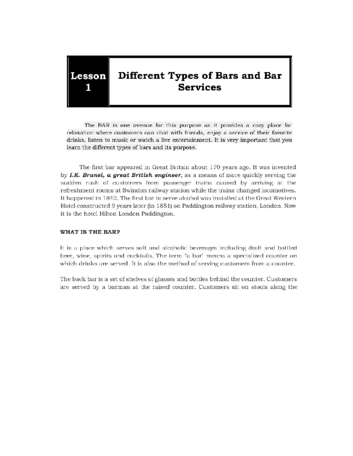 Final Exam Study Guide for Course CODE 101: Types of Bars and Services ...