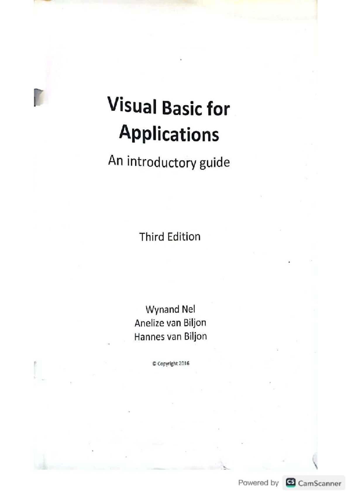 Visual Basic for Applications CSIS 1683 Study Guide: An Introductory ...