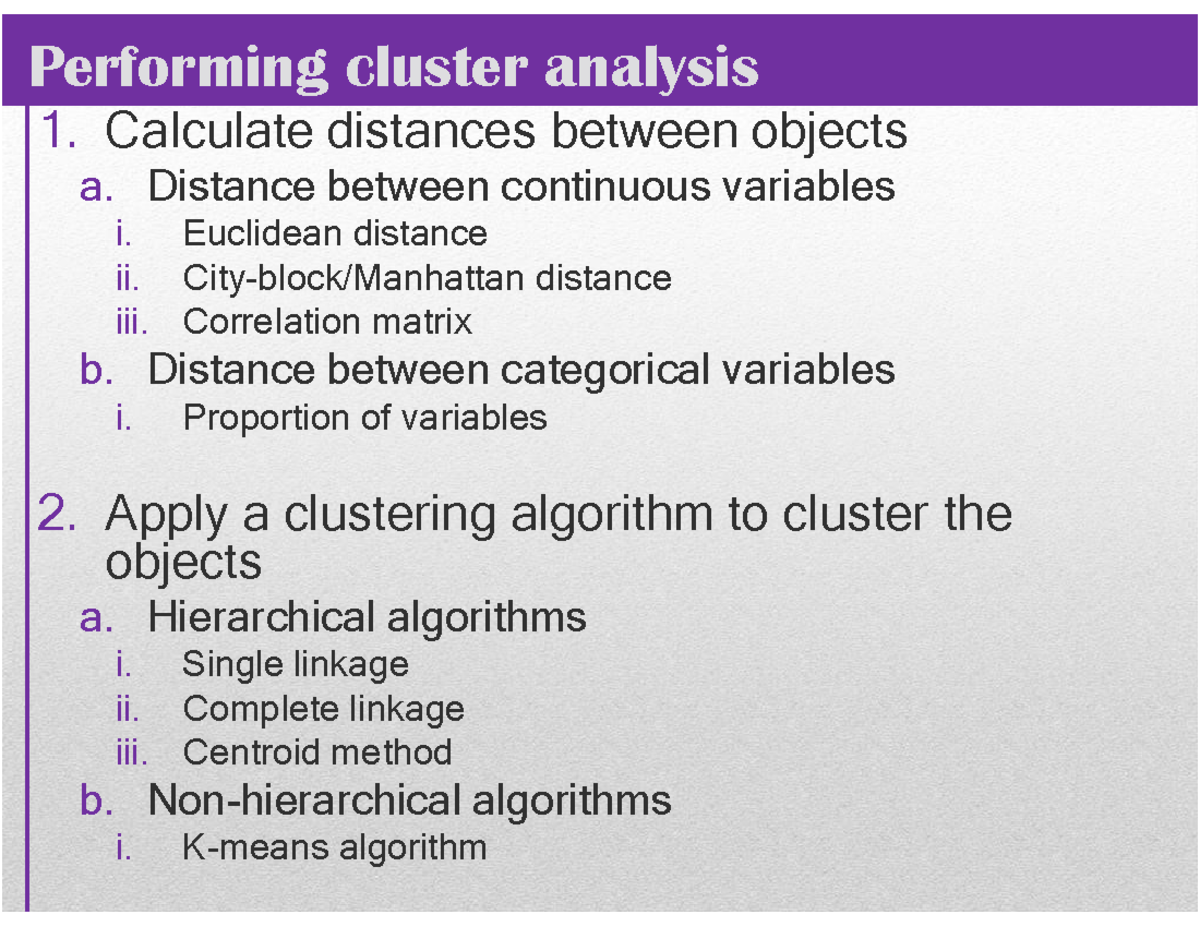 Cluster Analysis Techniques and Distance Calculations L2 - Studocu