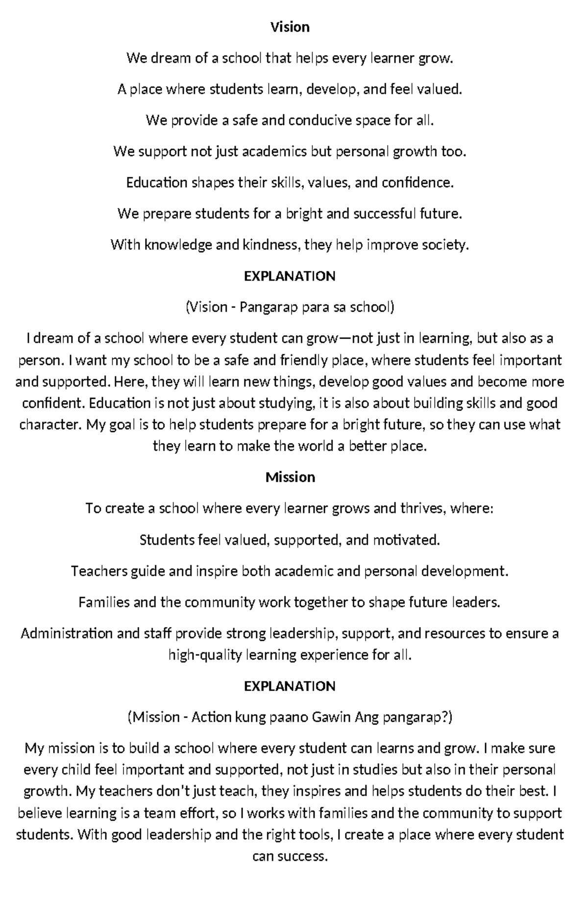 Vision and Mission Statement for a Holistic School Environment - Studocu