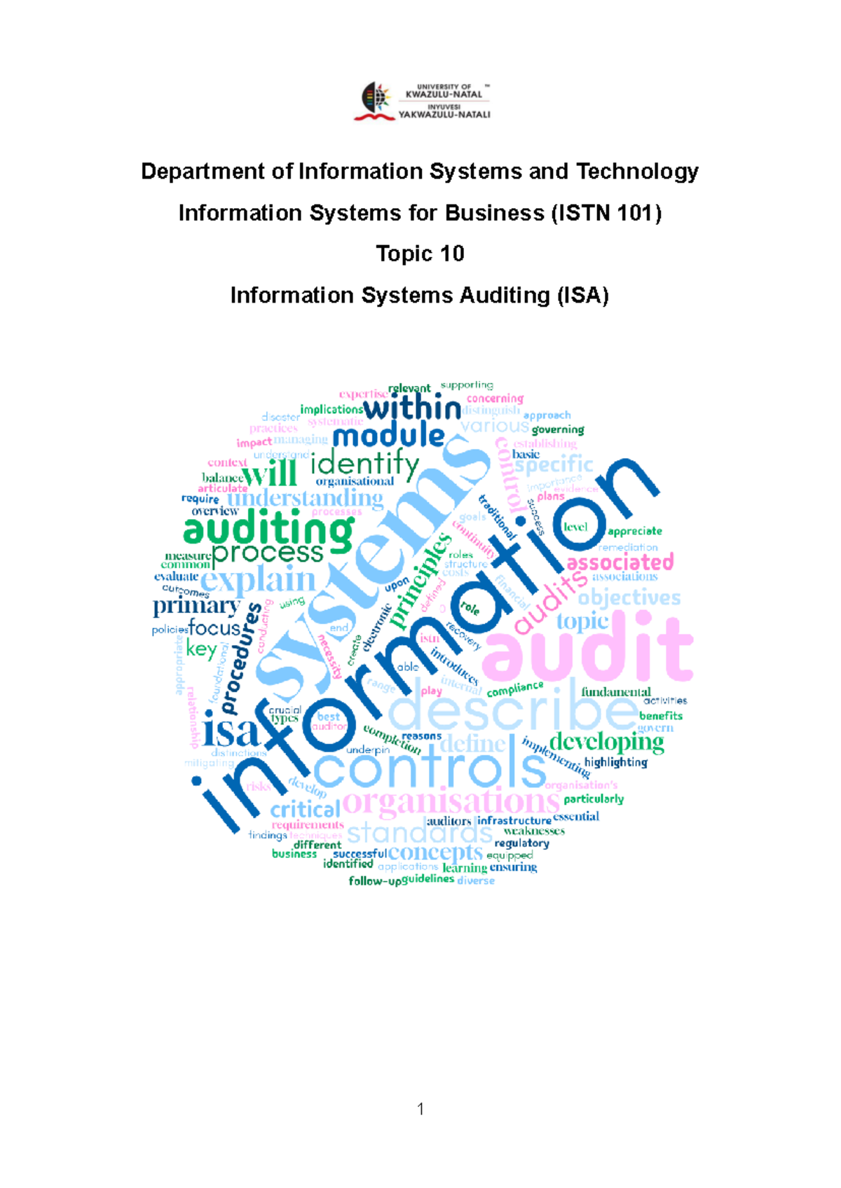 ISTN 101 Topic 10: Information Systems Auditing (ISA) Lecture Notes ...