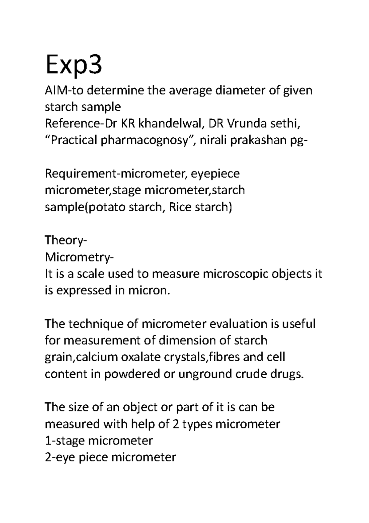 Exp3 - Average Diameter Measurement of Starch Samples - Studocu