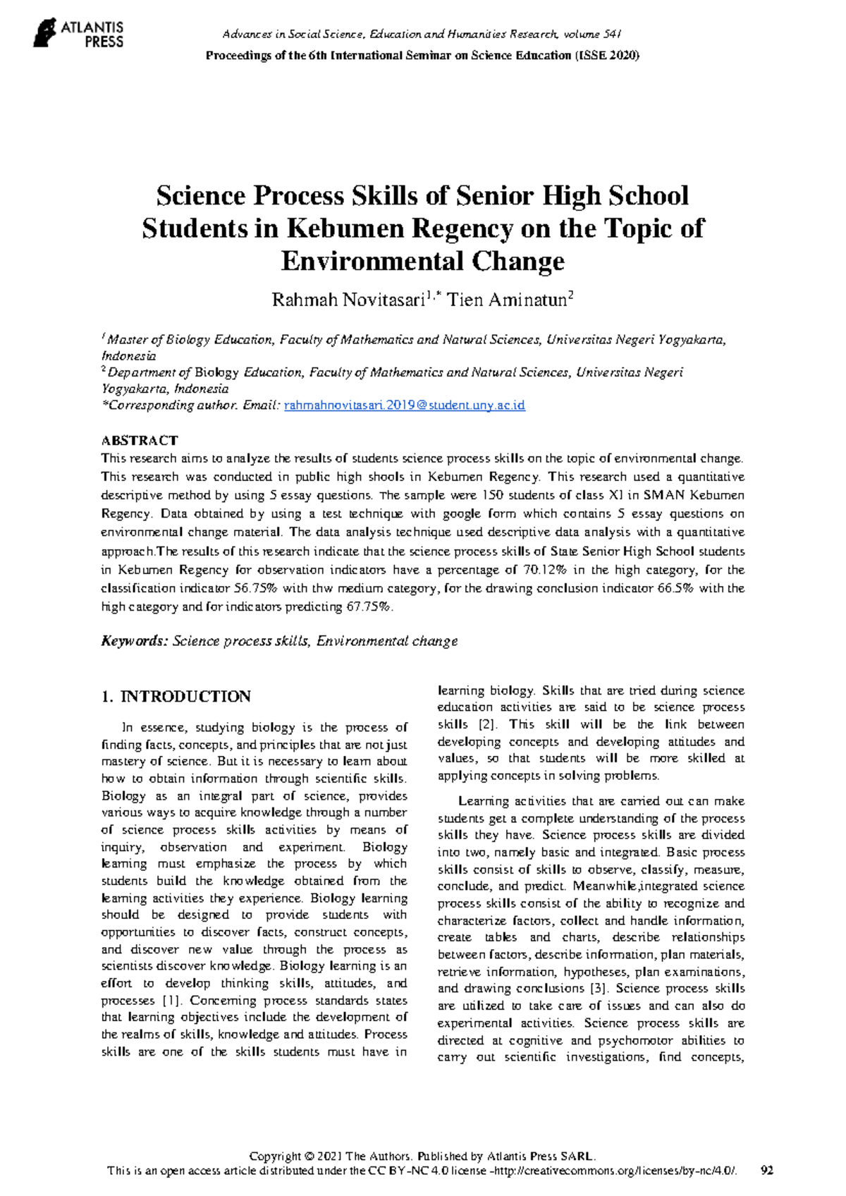 Analysis of Science Process Skills in Students on Env. Change - XI ...