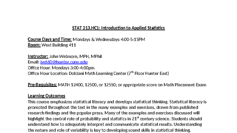 STAT 213.HC1: Syllabus for Introduction to Applied Statistics - Studocu