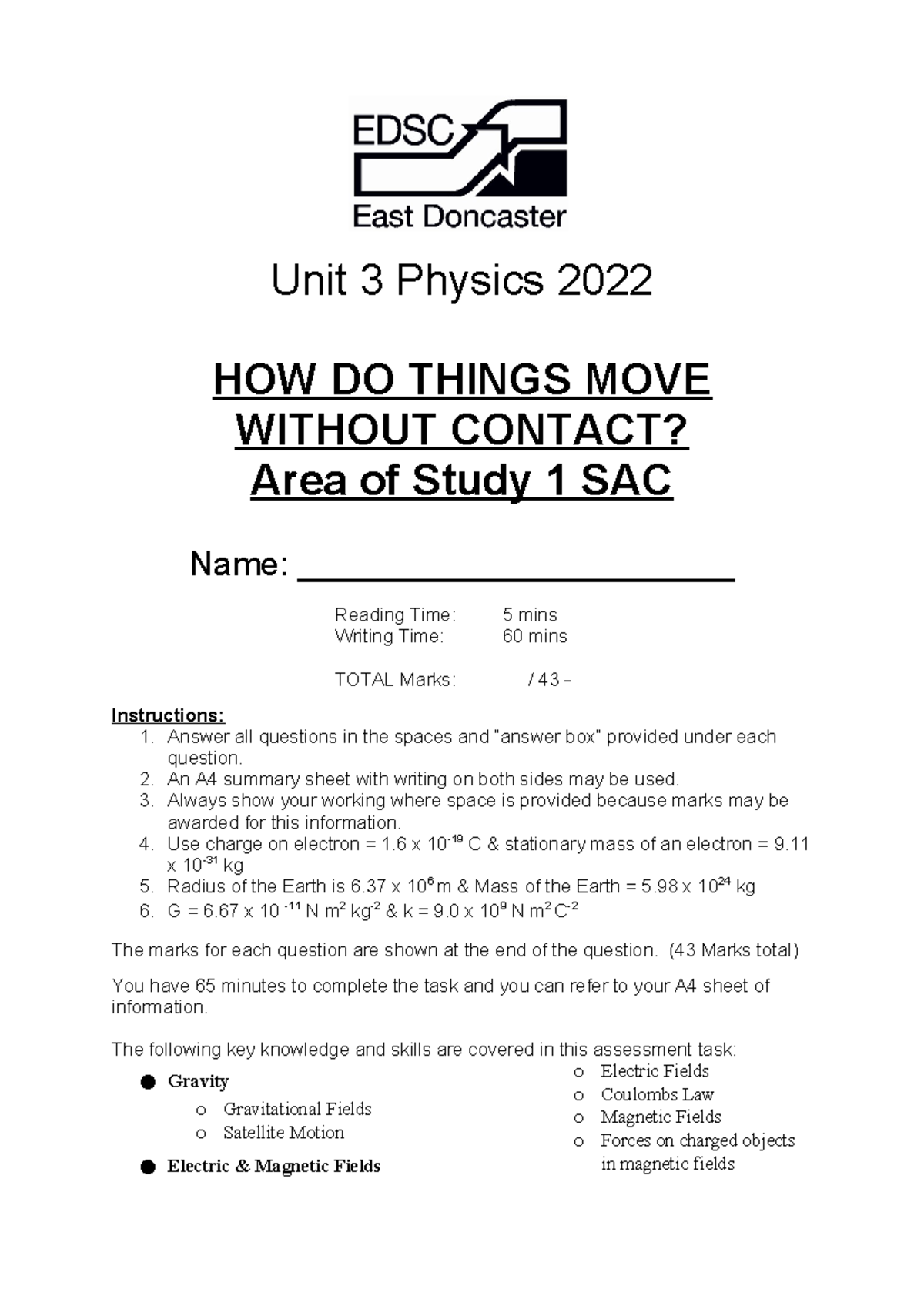 2022 Physics Unit 3 SAC: How Do Things Move Without Contact? - Document Preview