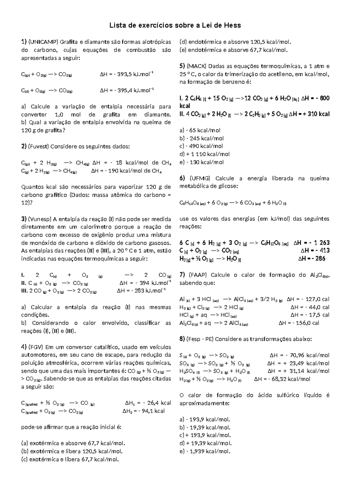 Exercícios sobre a Lei de Hess (Química) - Lista de Questões e ...