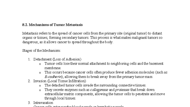8.2. Mechanisms of Tumor Metastasis: Understanding Cancer Spread - Studocu