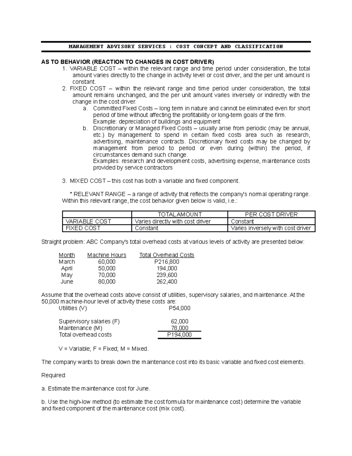 MAS - Cost Concepts & Classifications: Behavior and Analysis - Studocu