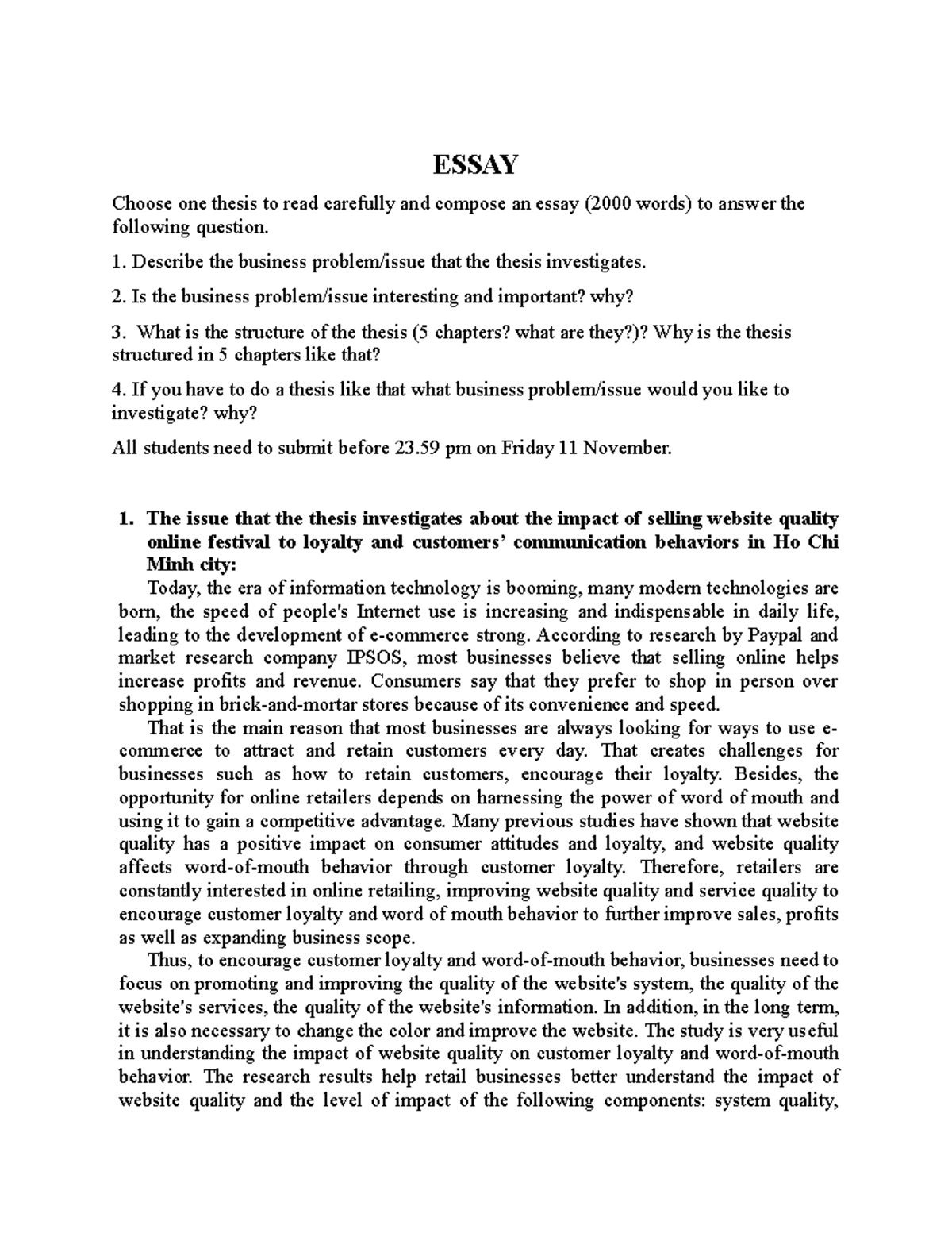 Essay - ESSAY Choose one thesis to read carefully and compose an essay ...