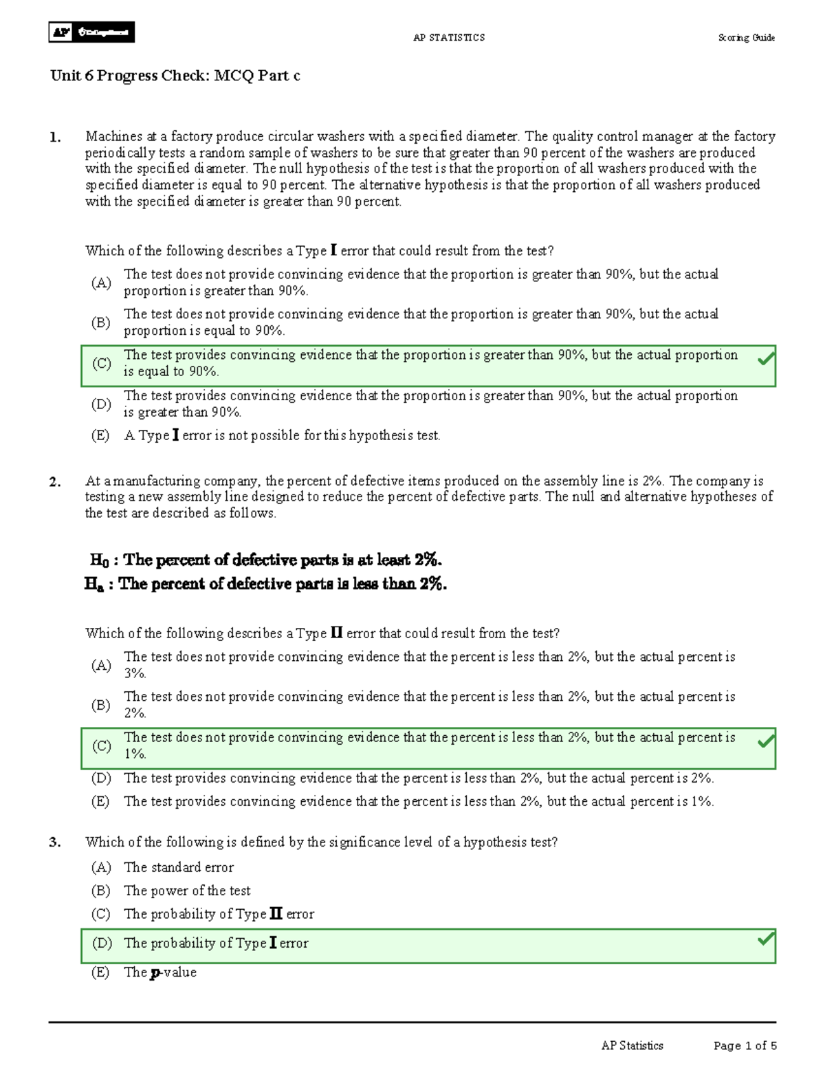 AP Statistics Unit 6 Progress Check MCQ Part C (SG 6652) Studocu