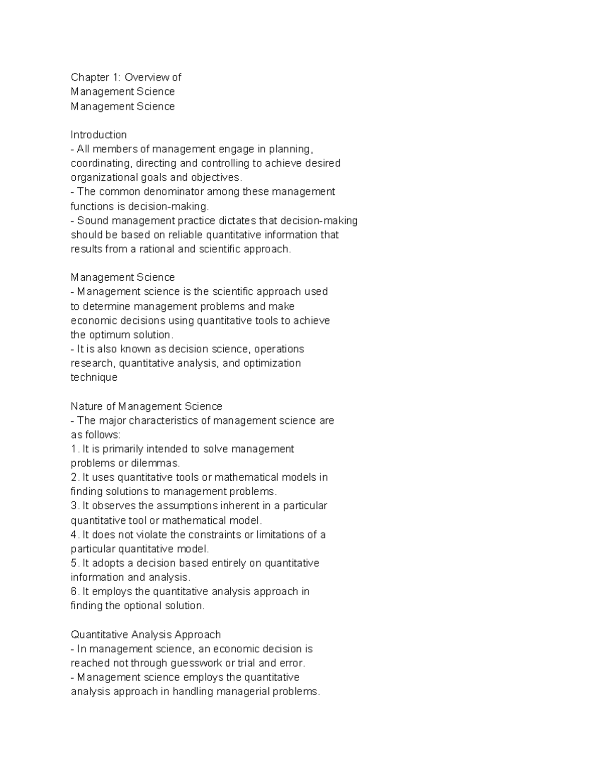 Chapter 1: Introduction to Management Science Concepts and Tools - Studocu