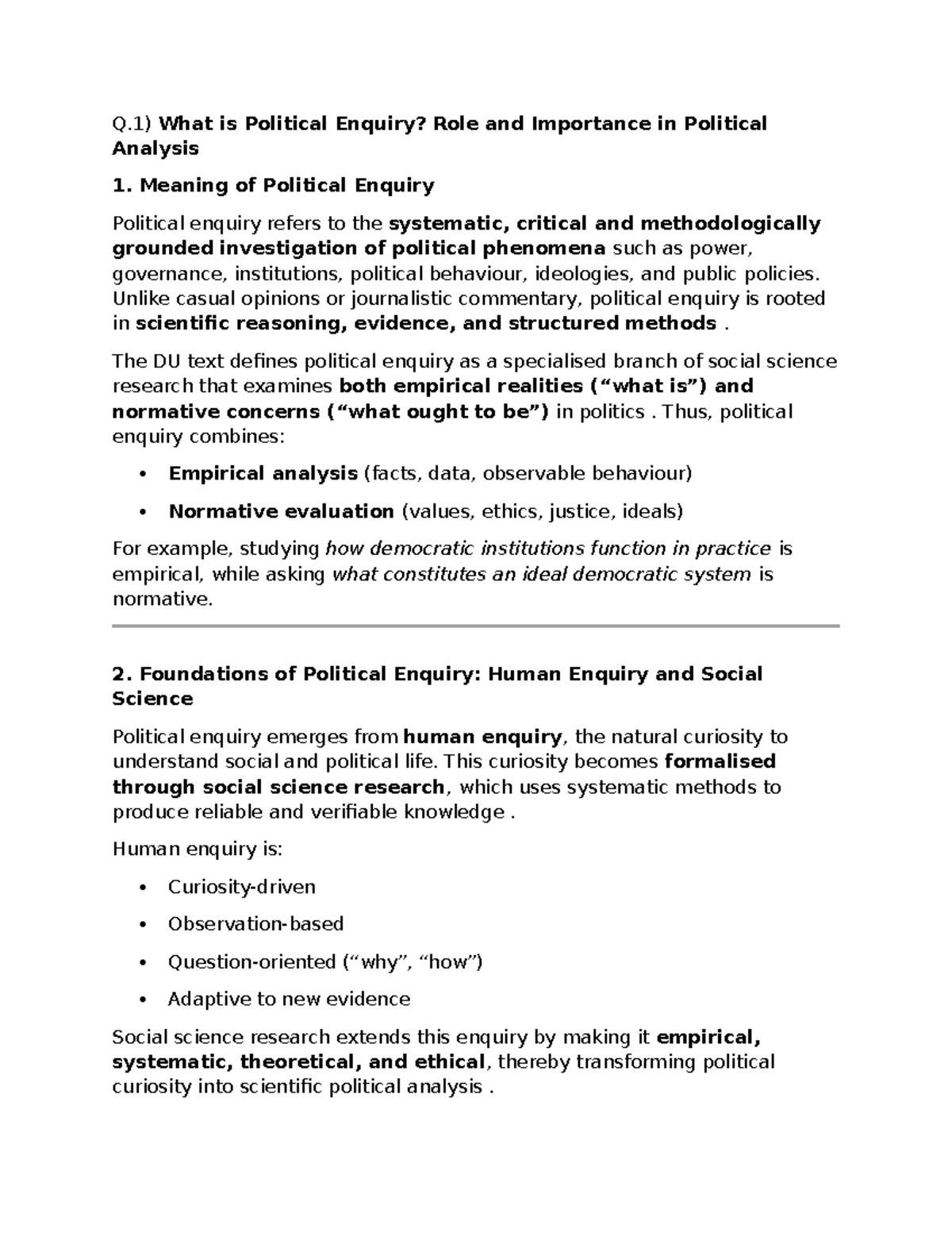 RMP 7th Sem - Political Enquiry: Role, Importance & Methodology - Studocu