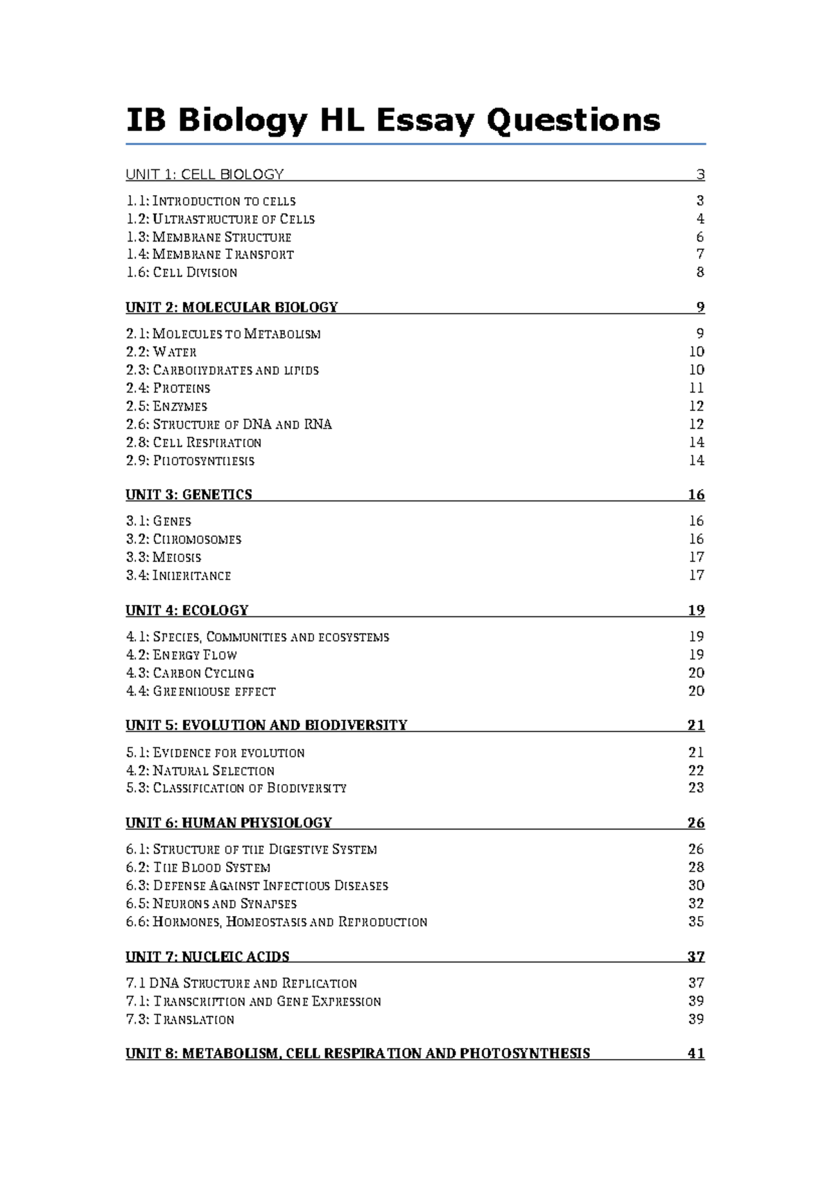 IB Biology HL Essay Questions: Comprehensive Guide to Units 1-11 - Studocu