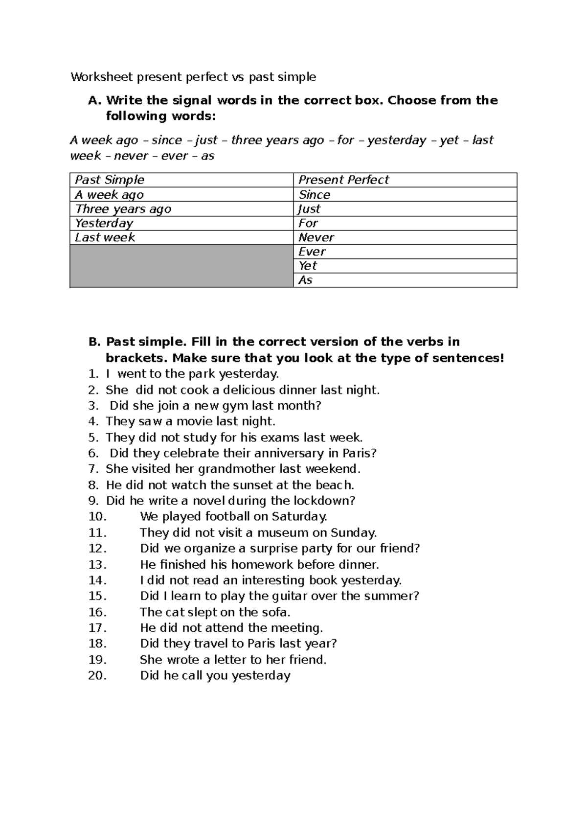 Worksheet: Present Perfect vs Past Simple Exercises - Studeersnel