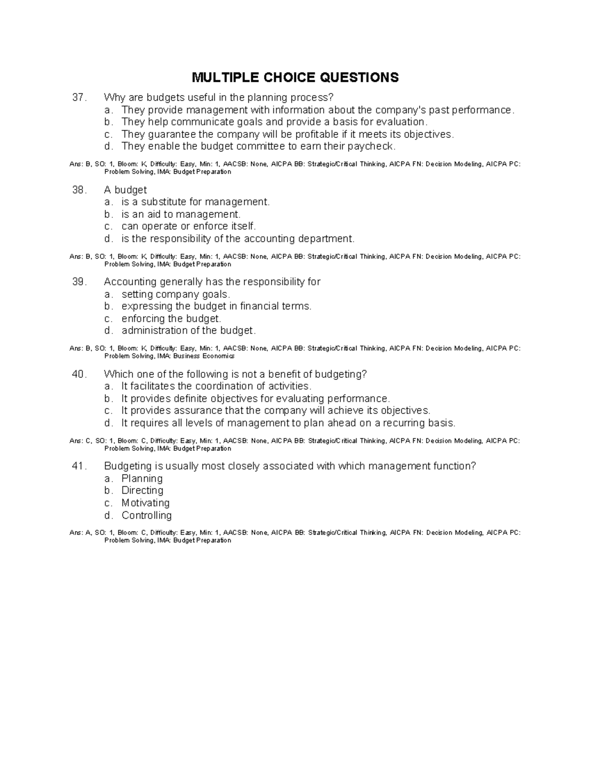 MC Budgeting - Practical Multiple Choice Questions for Final Exam - Studocu