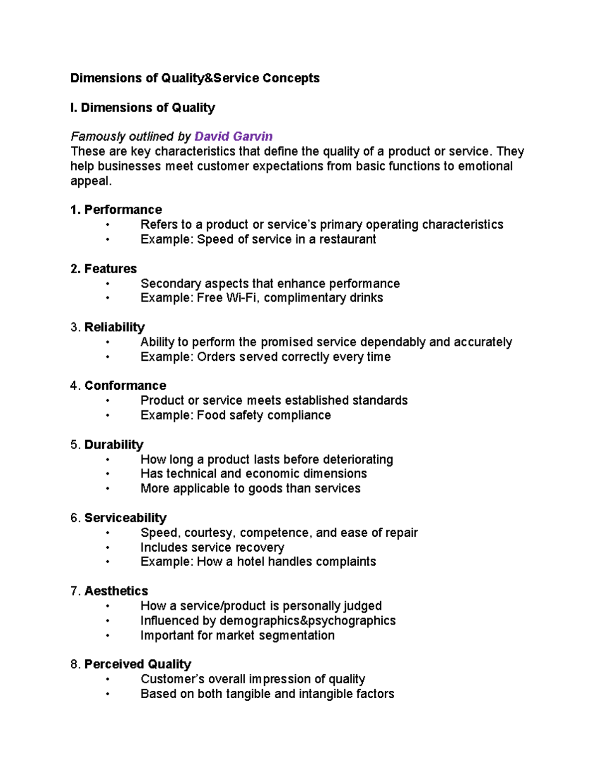 Quality Dimensions in Service: Insights from Garvin's Framework - Studocu
