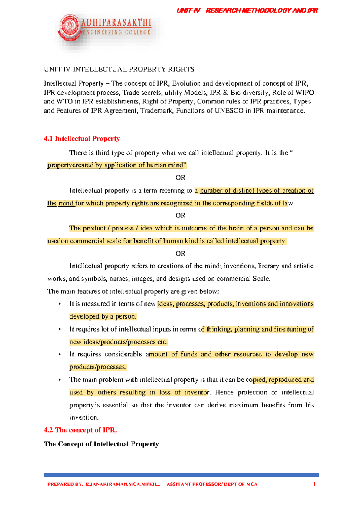 RESEARCH METHODOLOGY AND IPR UNIT IV: INTELLECTUAL PROPERTY RIGHTS ...