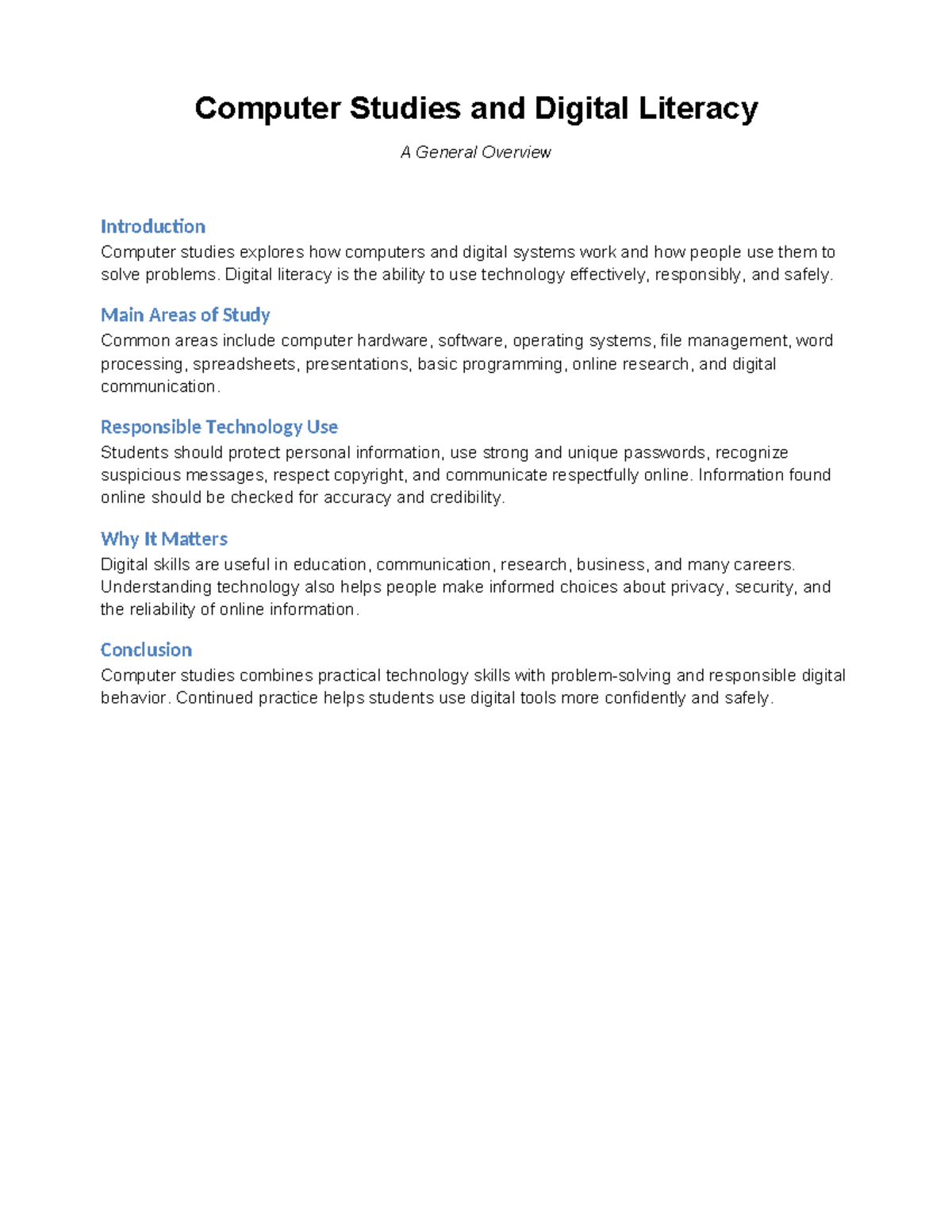 Computer Studies and Digital Literacy Overview (05) - Studocu