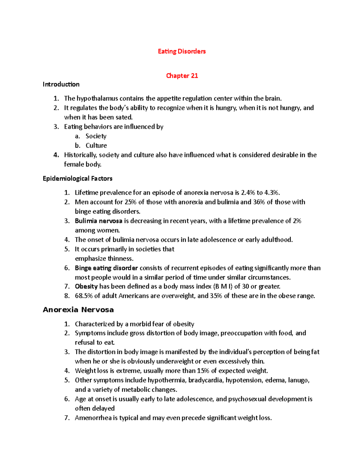 EXAM4PSY - exam notes - Eating Disorders Chapter 21 Introduction The ...