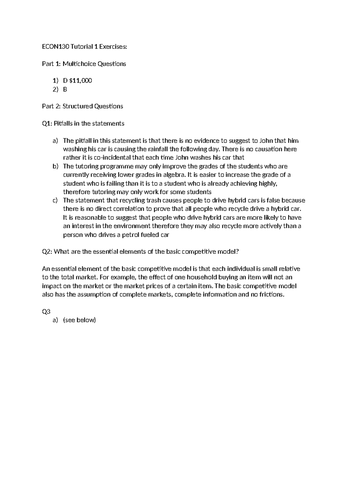 ECON130 Tutorial 1 Exercises: Multichoice & Structured Questions - Studocu