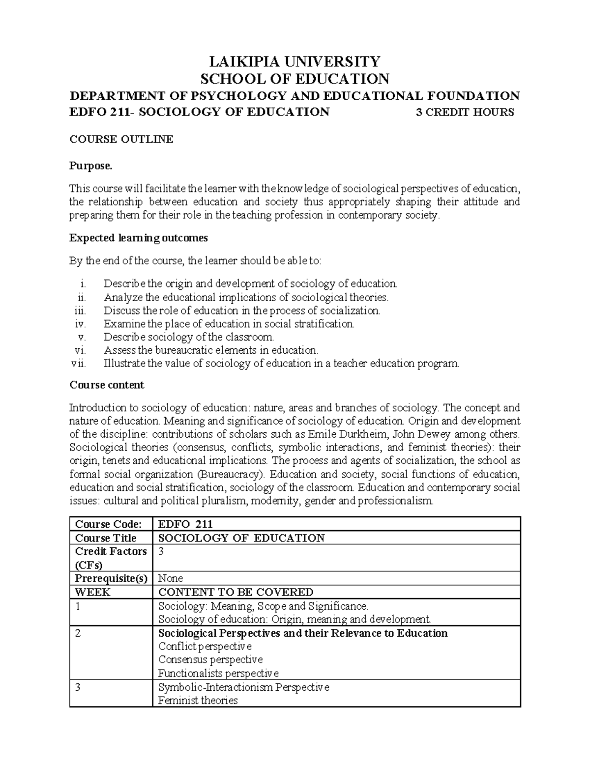 EDFO 211 Sociology of Education Course Outline & Lecture Notes - Studocu