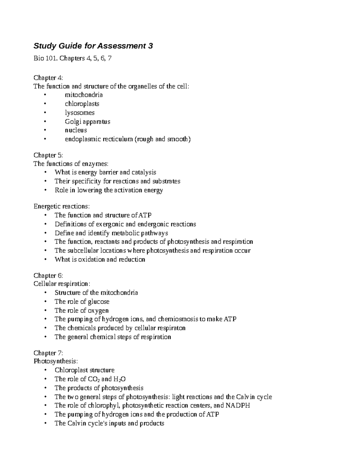Bio 101 Study Guide: Key Concepts for Assessment 3 (Ch. 4-7) - Studocu