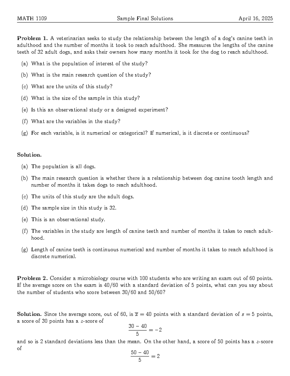 MATH 1109 Final Exam Solutions for Statistical Tests in Nursing - Studocu
