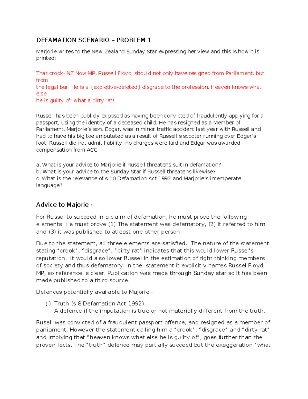 Torts Workshop: Defamation Case Analysis and Legal Advice - Studocu