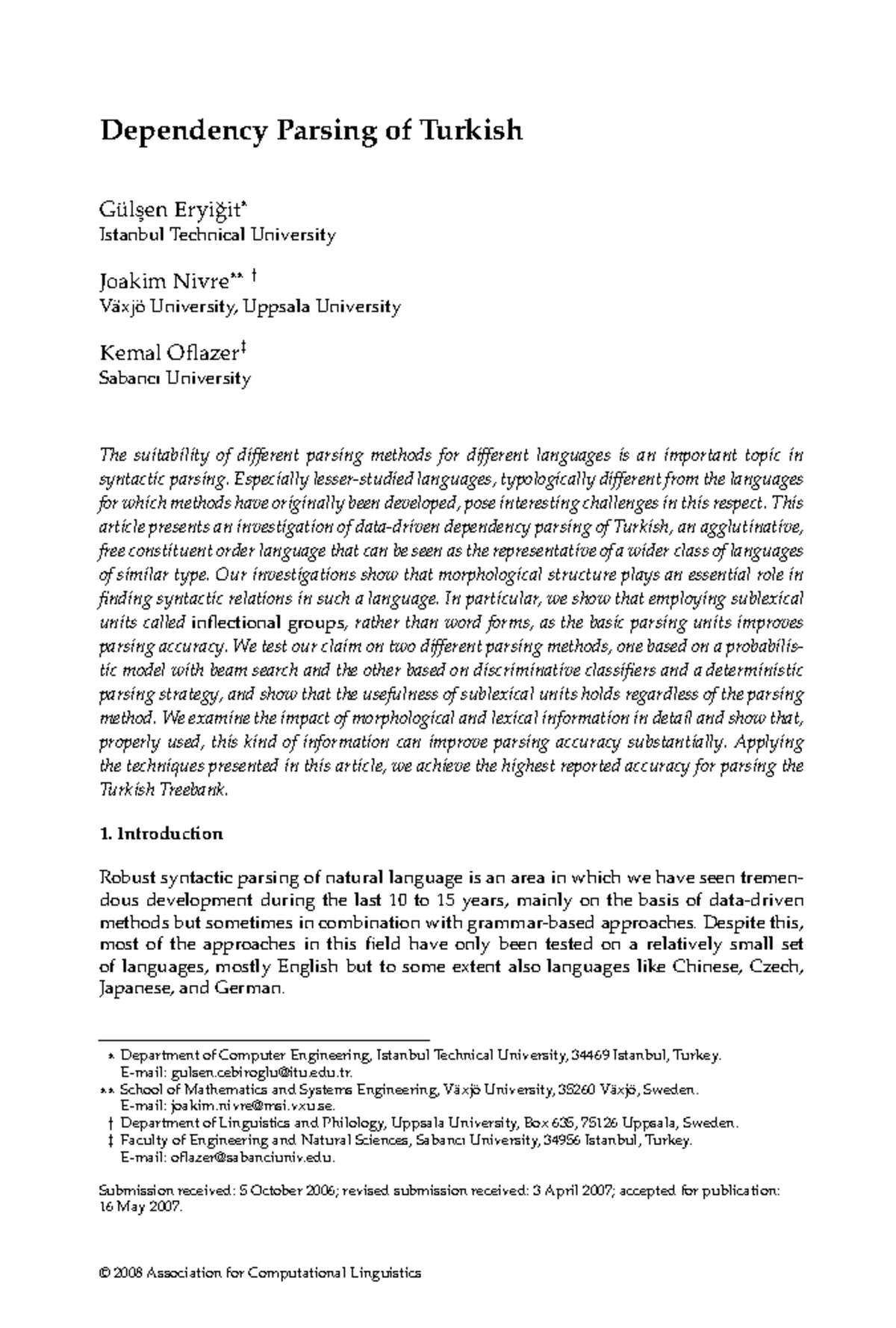 Dependency Parsing of Turkish: A Study on Parsing Methods (CS 101 ...
