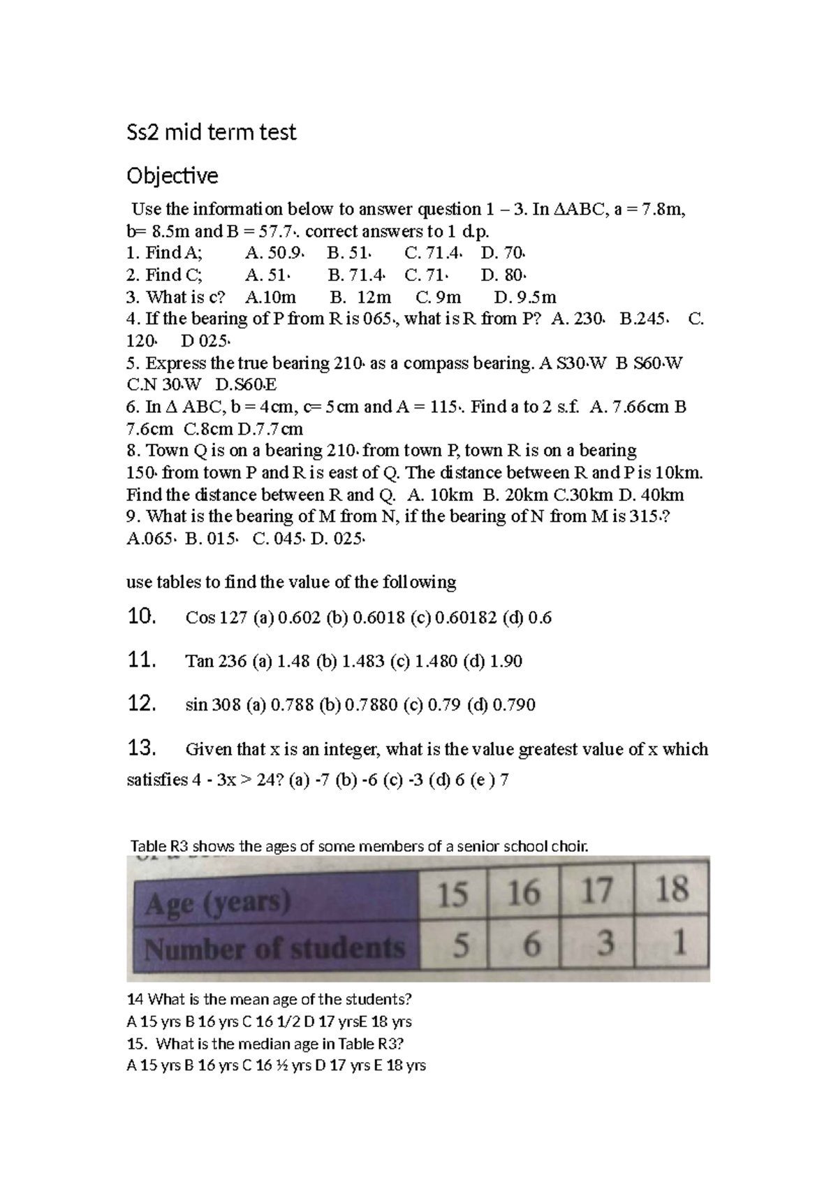 SS2 Mathematics Midterm Test - Teaching Practice - Studocu