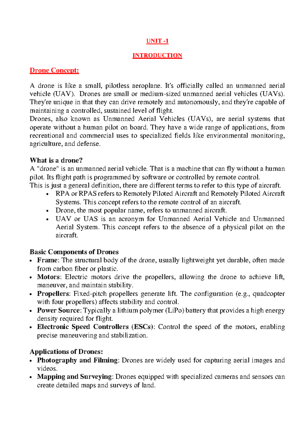 Unit 1 to 5 Drone Technology IT Notes - UNIT - 1 INTRODUCTION Drone ...