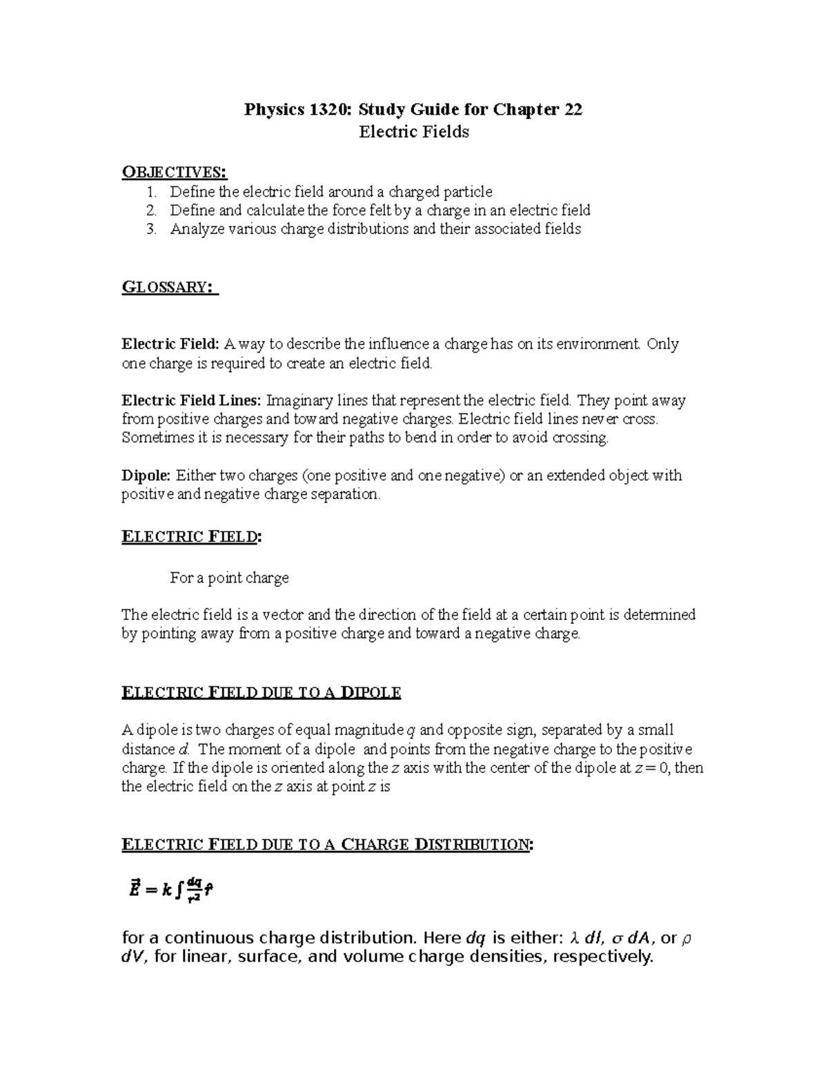 SG Ch 22 E field - Physics 1320: Study Guide for Chapter 22 Electric ...