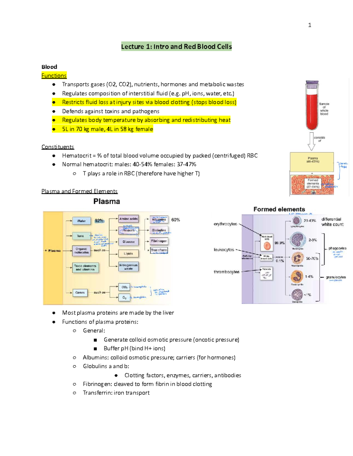 Blood and immunity lecture notes L1, L2: Red blood cells and pathogens ...