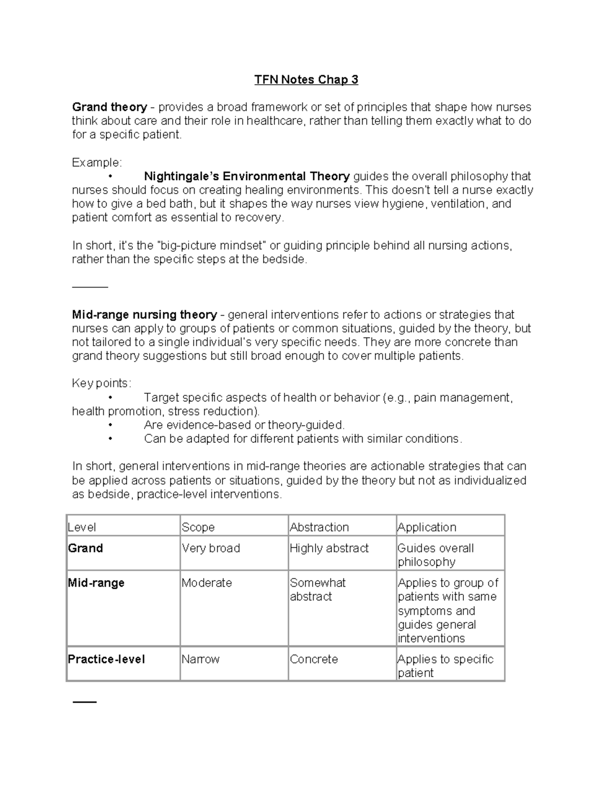 TFN Notes: Chapter 3 - Grand Nursing Theories and Their Applications ...