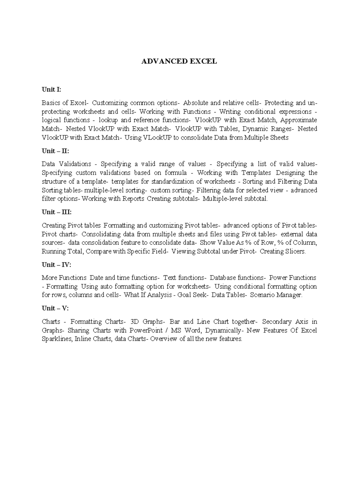 Advanced Excel (Course Code: EXCEL101) Unit Notes: Functions, Data ...