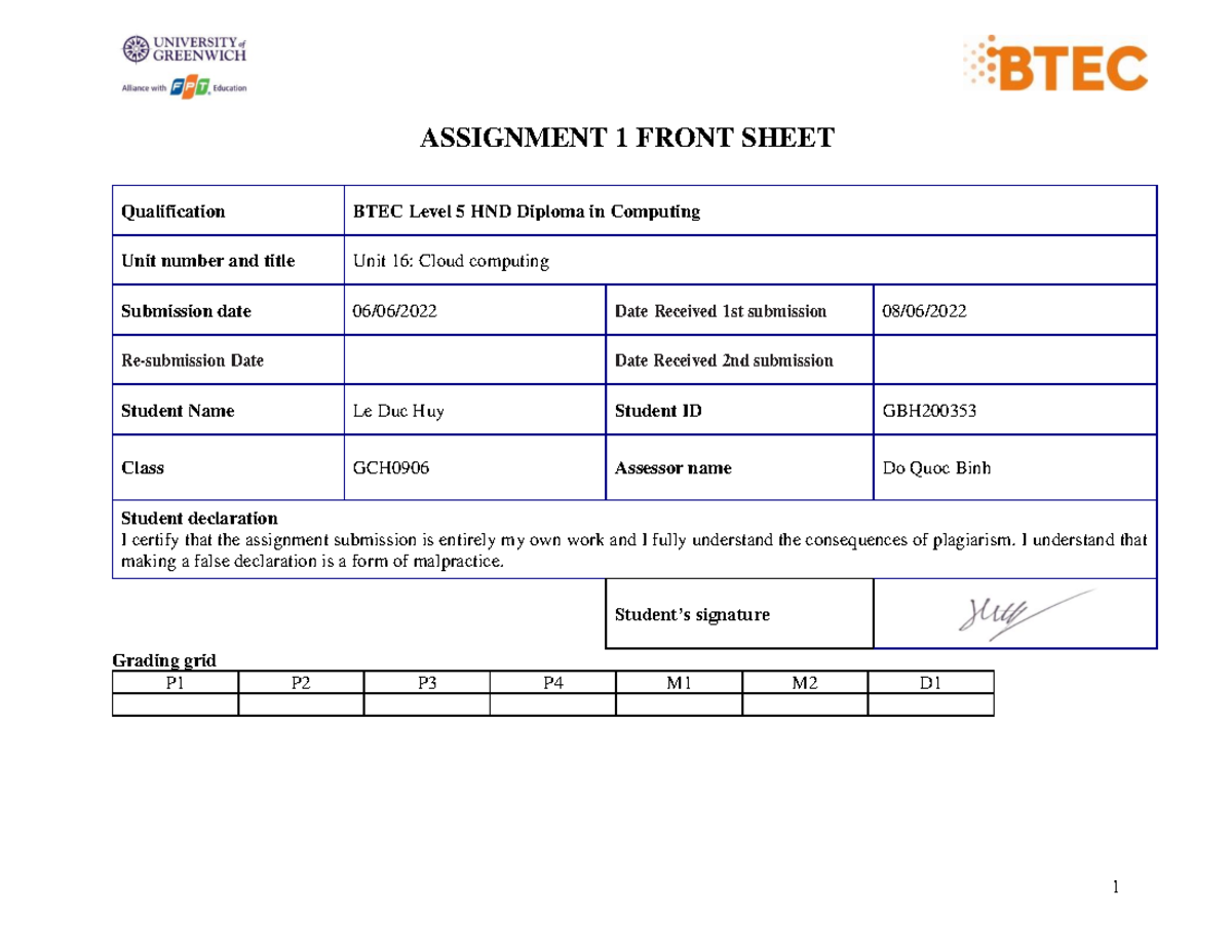 ASM 1 - Cloud Computing - Le Duc Huy - GBH2003 53 - ASSIGNMENT 1 FRONT ...