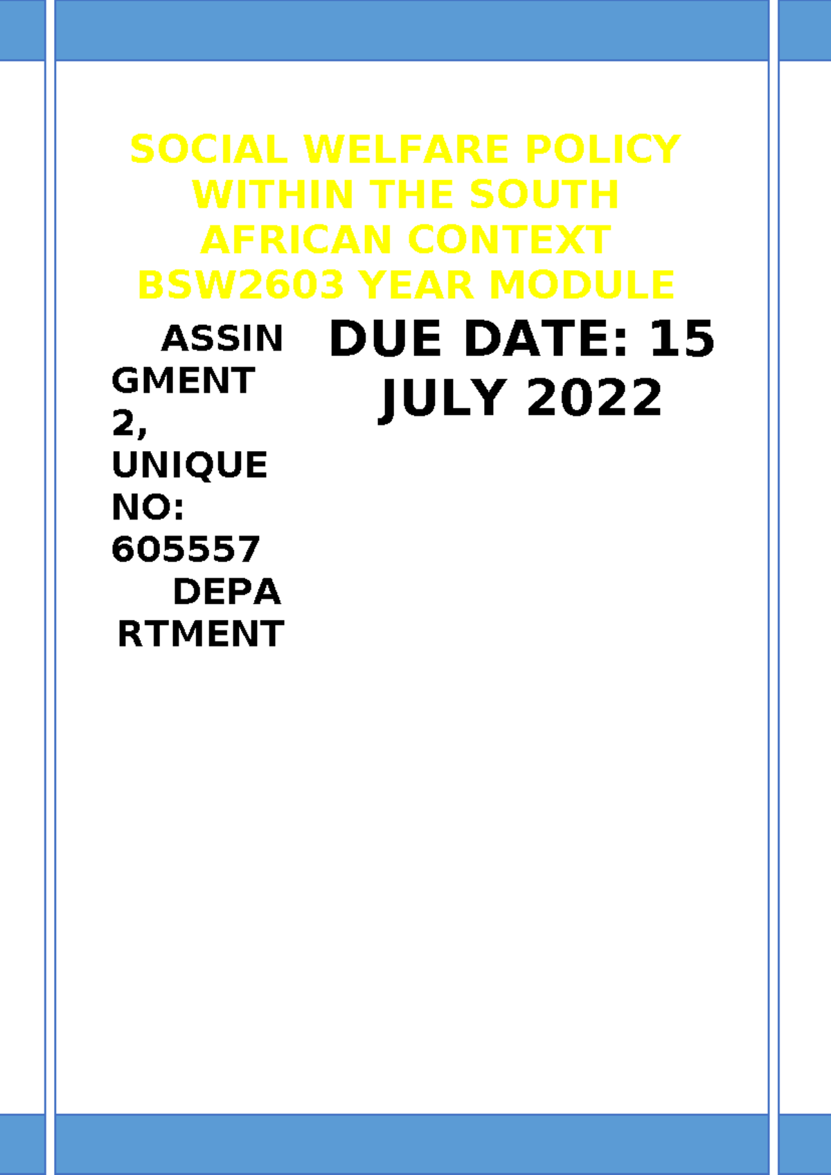 BSW2603 Assignment 2: Social Welfare Policy in South Africa Context ...
