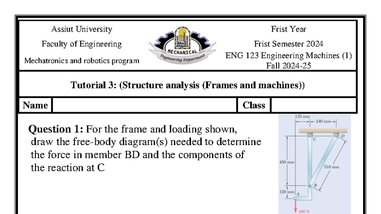 ENG 123 Tutorial 3: Structure Analysis of Frames and Machines - Studocu
