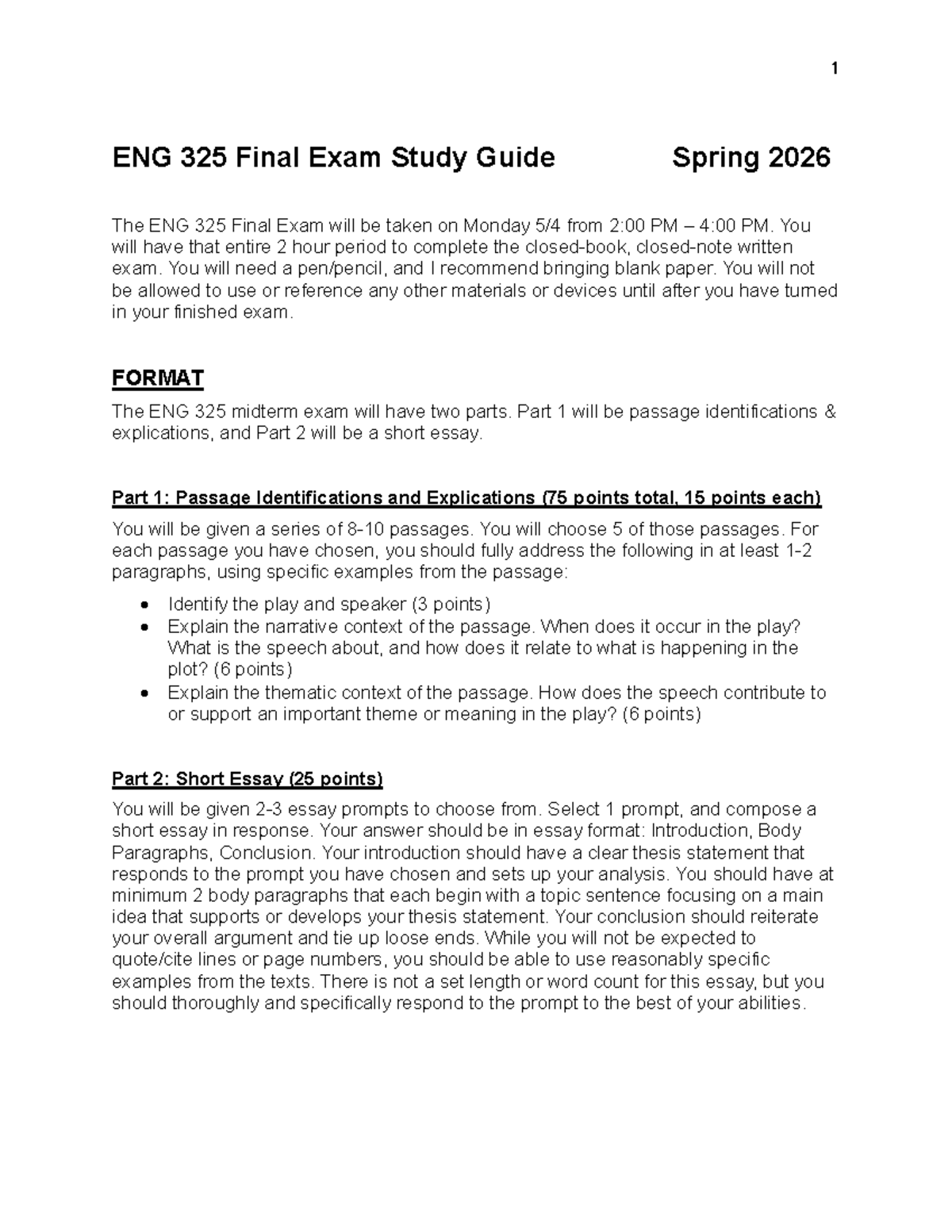 ENG 325 Final Exam Study Guide - Spring 2026 - Studocu