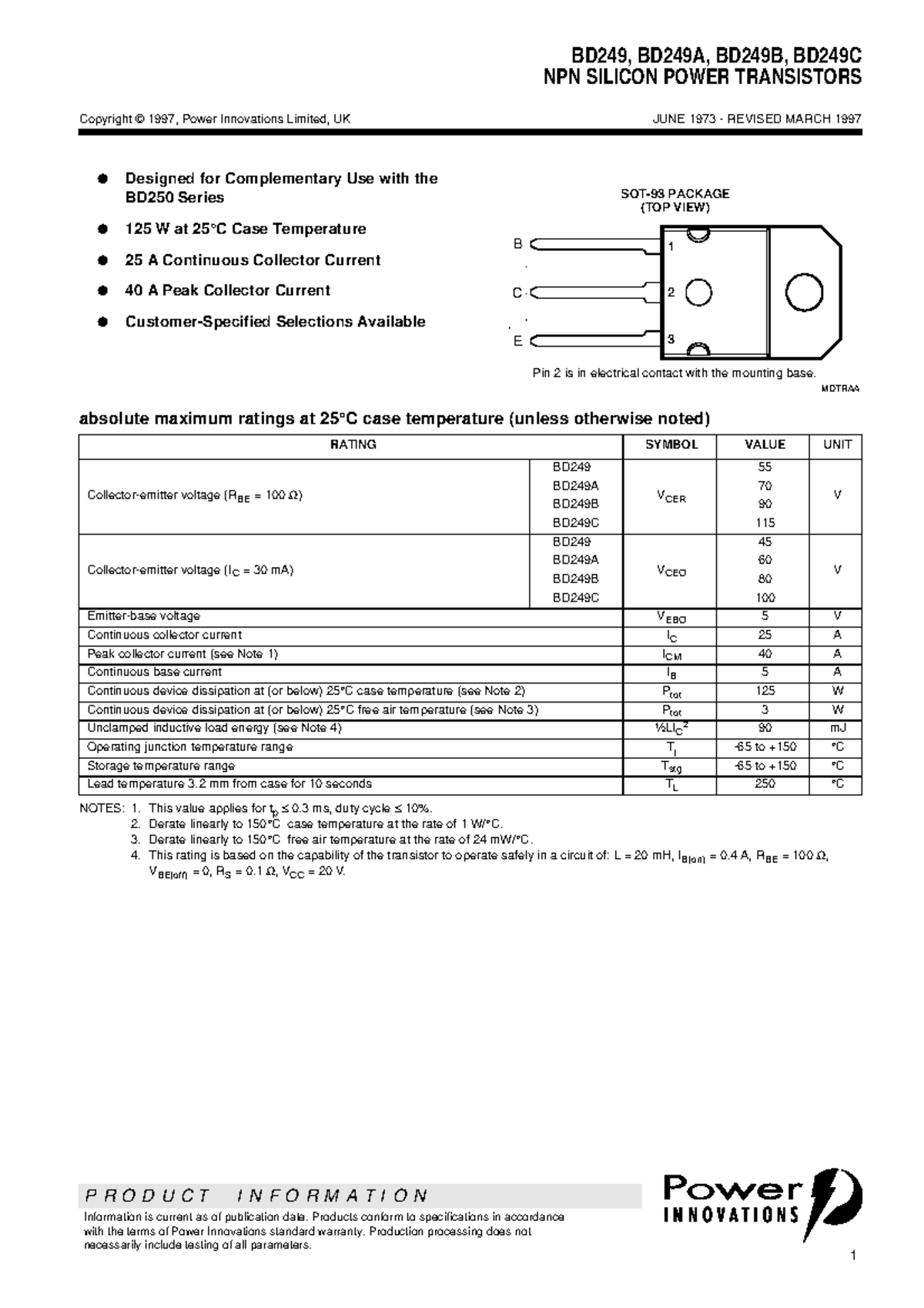 BD249 NPN Silicon Power Transistors Datasheet Overview - Studocu