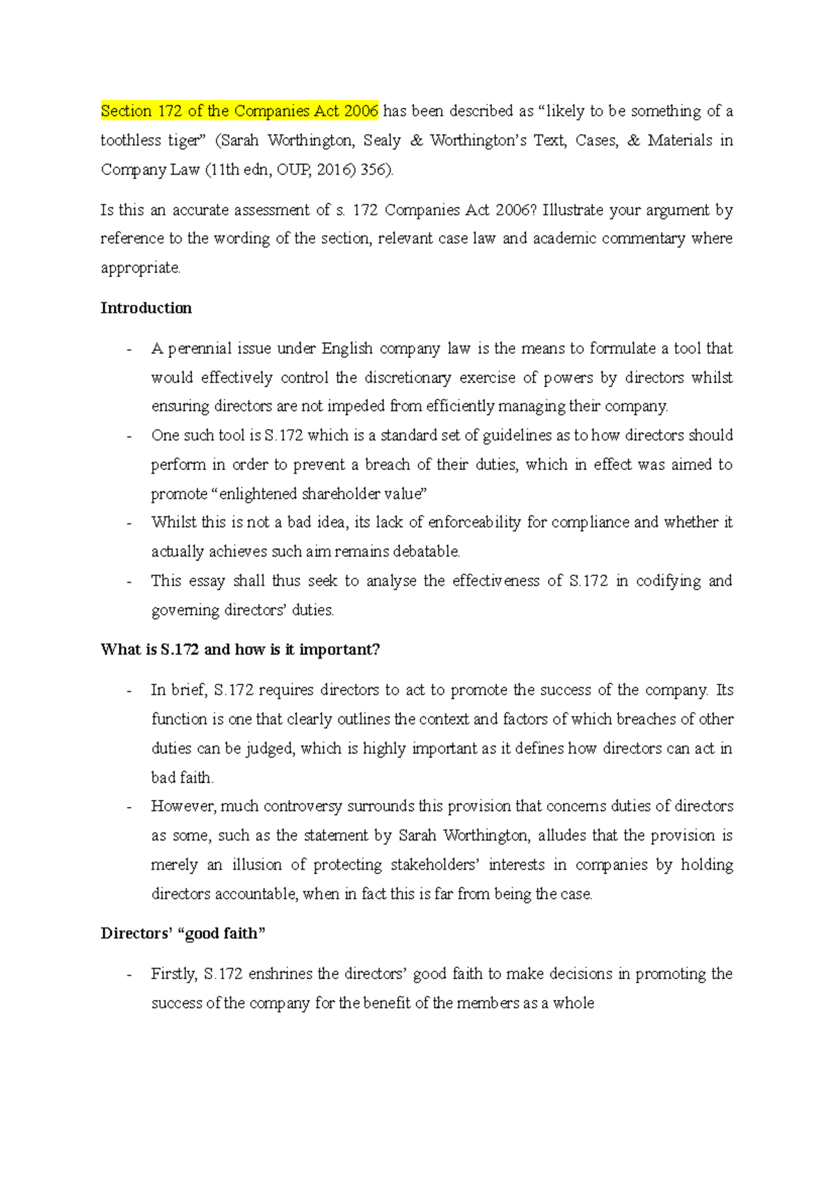 Company Law (Non-Assessed) - Section 172 of the Companies Act 2006 has ...