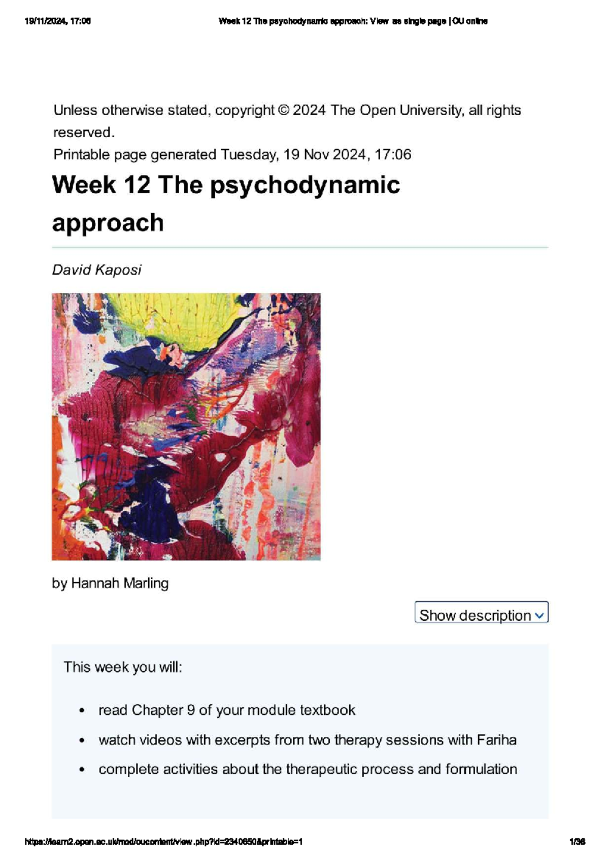 Psychodynamic Approach Insights - Week 12 Lecture Notes (Course Code ...