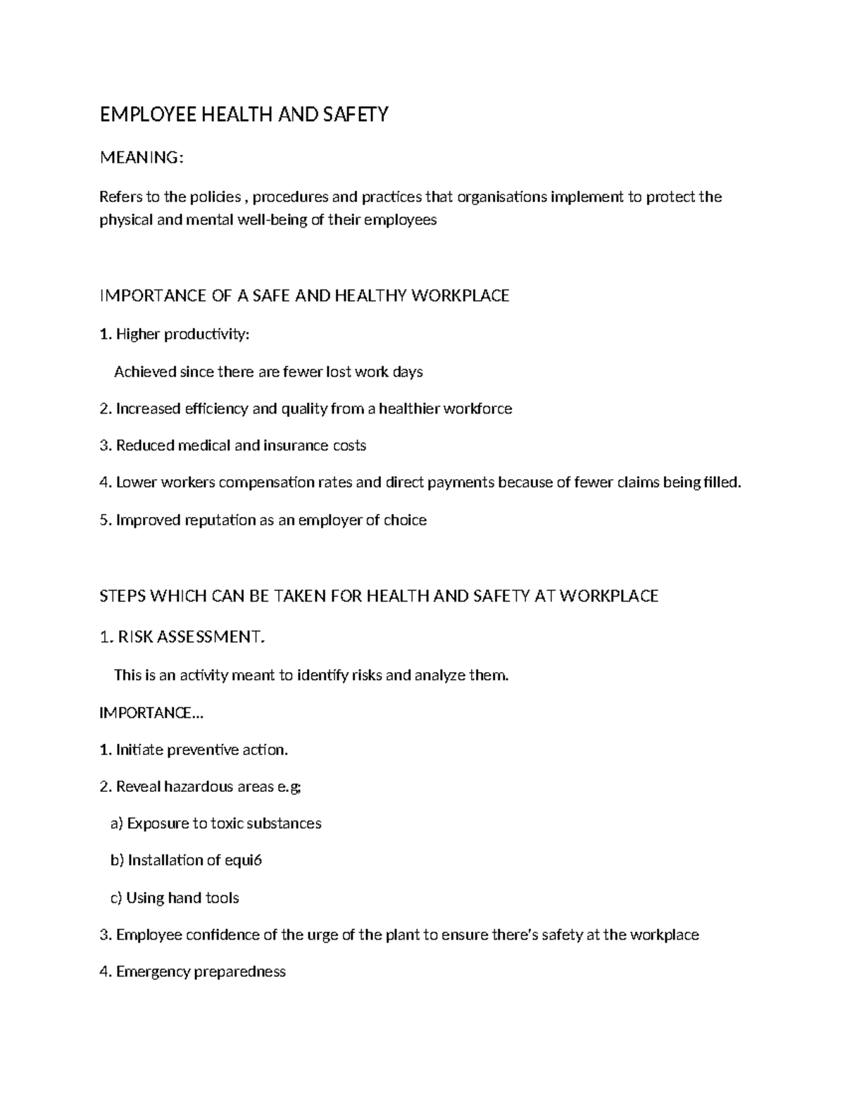 BHR 209 Employee Health and Safety: Importance and Best Practices - Studocu