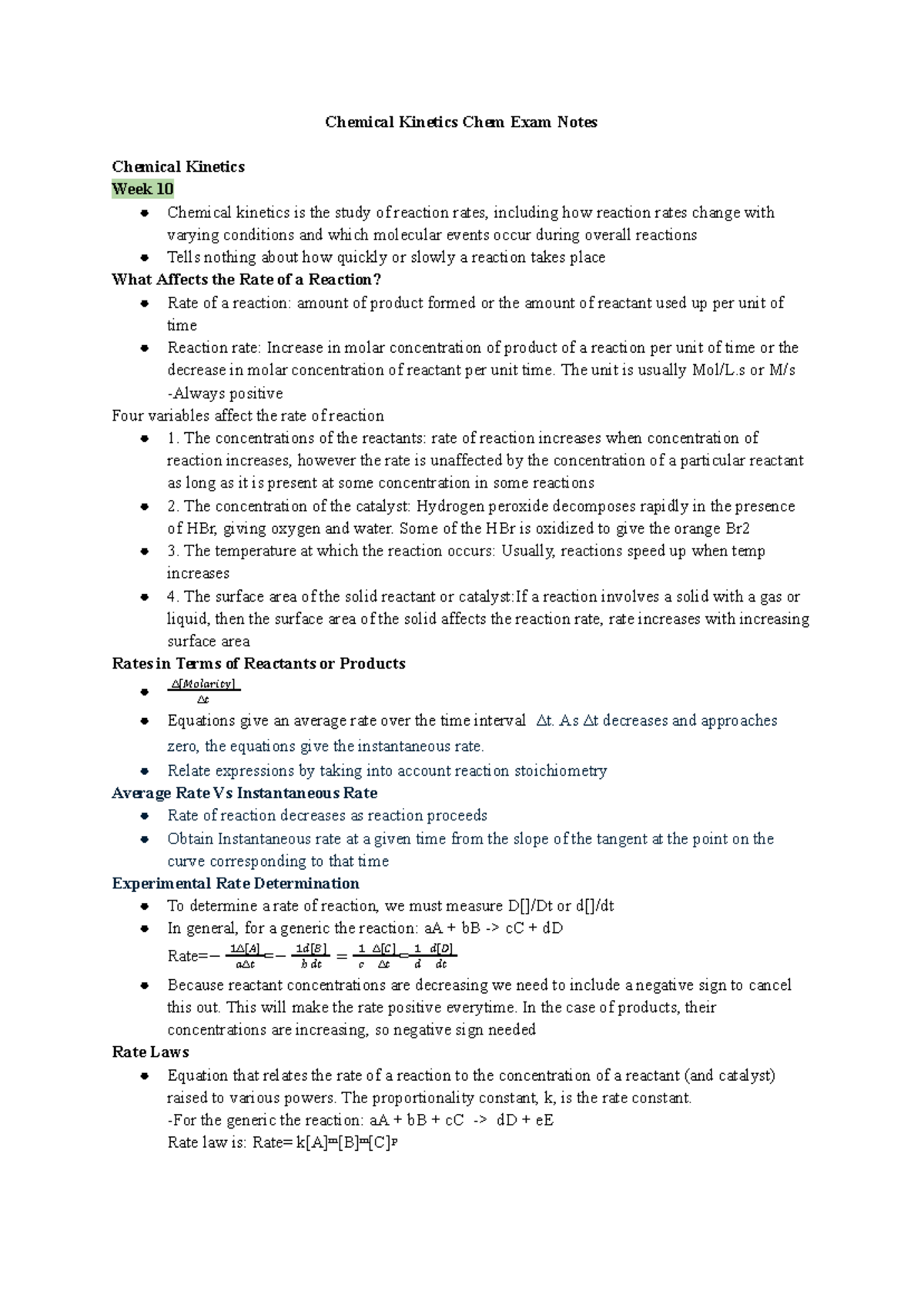 Chemical Kinetics CHEM 1050 Exam Notes - Key Concepts and Theory - Studocu